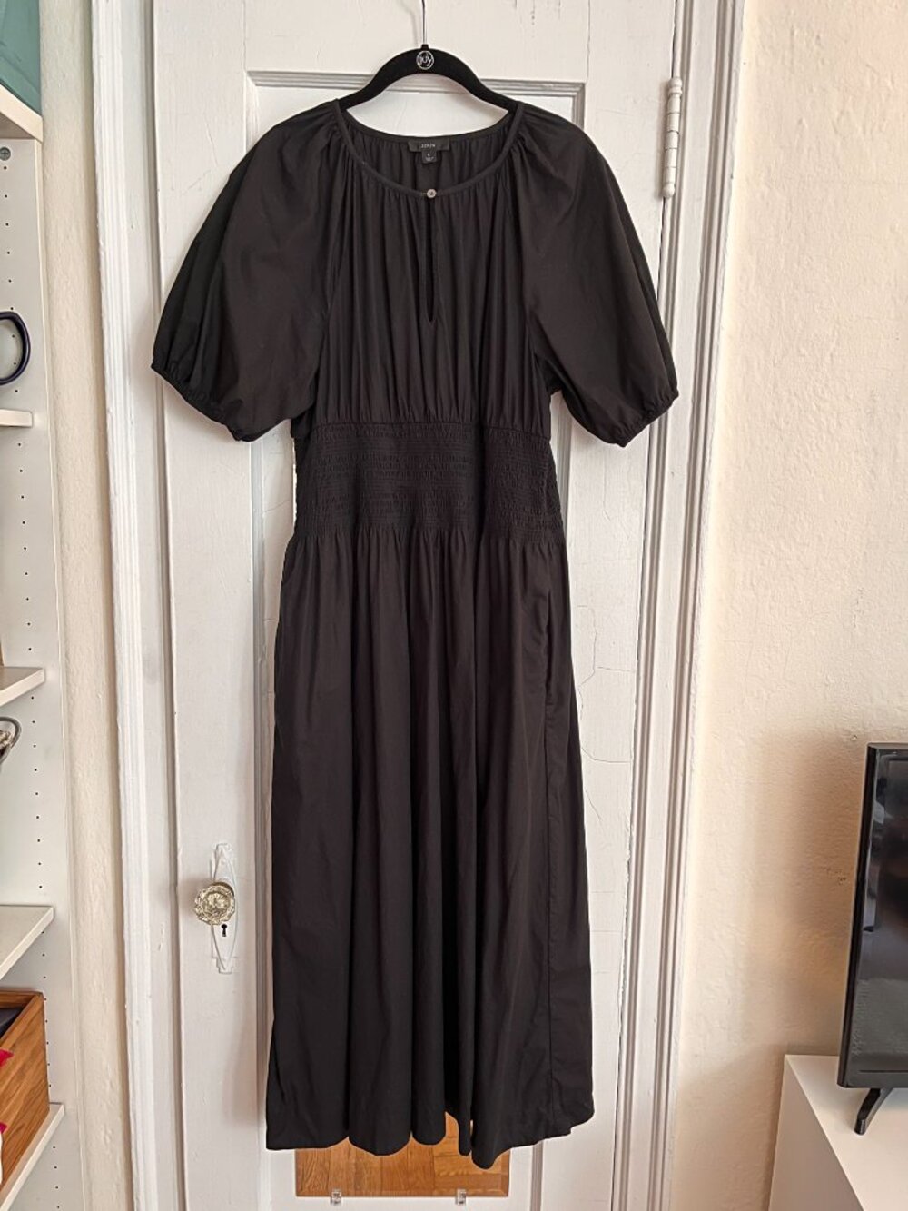 J.Crew 100% Cotton Smocked Midi Dress | Black | Puff Sleeve | Size L